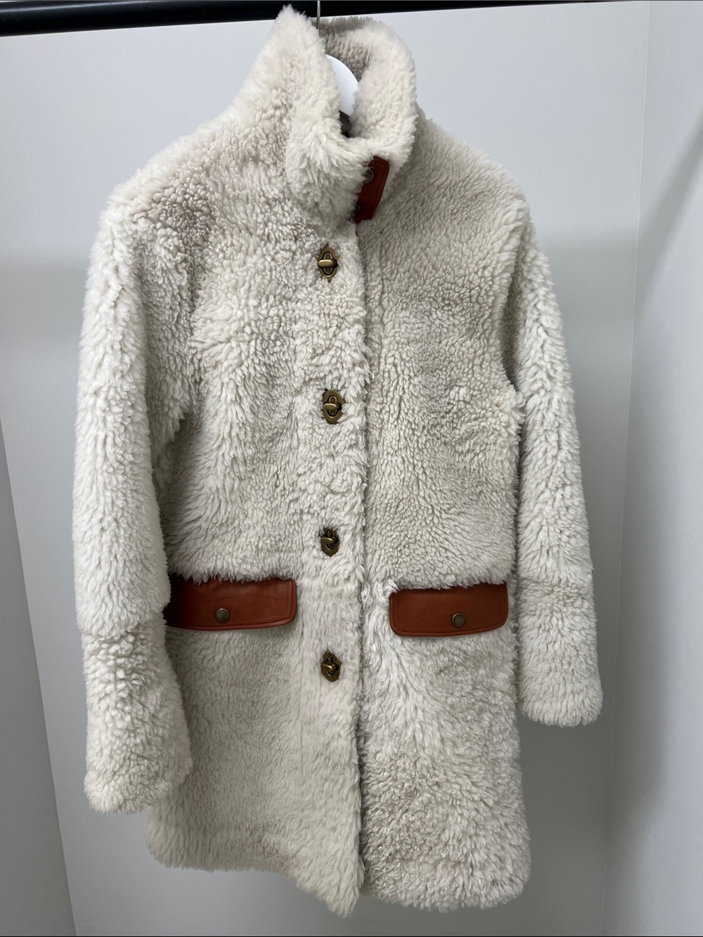 Coach Cream Shearling Teddy Coat with Brown Leather Trim